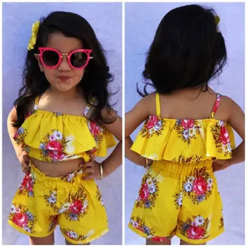 Yürüyor Çocuk Bebek Kız Yaz Çiçek Elbise T-shirt + Pantolon / Şort 2 Adet Set