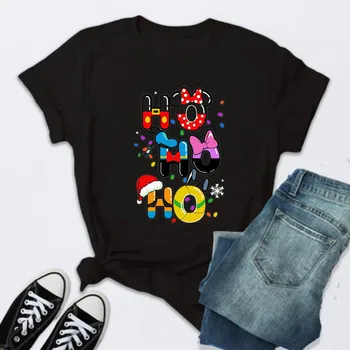 HO HO HO Baskı Komik Mickey Minnie T Shirt Kadın Kısa kollu Tee Gömlek Kadın Merry Christmas Yeni Yıl Hediyeleri kadın kıyafetleri