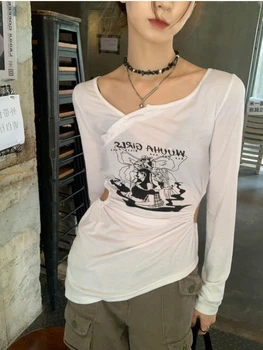 QWEEK Y2K Grunge Beyaz Tişörtleri Kadın Egirl Estetik Seksi Hollow Out V Yaka Düzensiz Uzun Kollu T Shirt Kadın Fairycore Tops