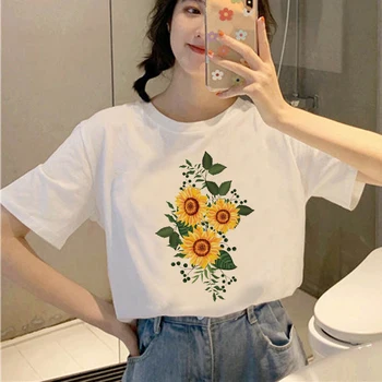 Grafik tees tops Çiçek Güzel tişörtleri kadın komik t shirt beyaz Üstleri rahat kısa Camisetas Mujer_T-Shirt