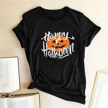 Mutlu Cadılar Bayramı Kabak Fener Baskı T-shirt Kadın Yaz Grafik Tees Estetik Elbise Gömlek Kadınlar için Rahat Üst Femme