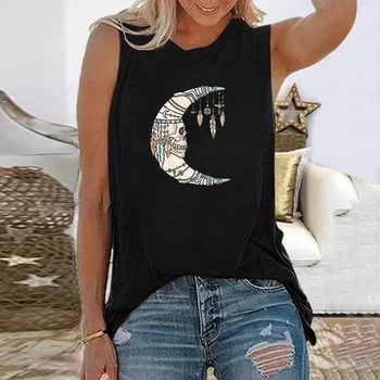 Seeyoushy Ay Kafatası Tüy Baskı Vintage T Shirt Kadın Kolsuz Grafik T Shirt Femme Estetik Kadın Yaz Üstleri Giysi