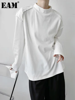 [EEM] Kadınlar Beyaz Gri Kısa Rahat Büyük Boy T-shirt Yeni Balıkçı Yaka Uzun Kollu Moda Gelgit Bahar Sonbahar 2023 1DF0903