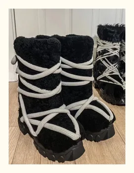 Siyah Çapraz kayış Kürk Kar Botları Kadın Yüksek Platformu Slip-on Kış Sıcak Çizmeler Bayan Yuvarlak Ayak Kalın Taban yarım çizmeler Kızlar Daireler
