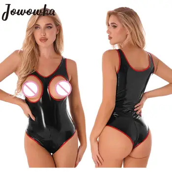 Seksi Parlak Patent Deri Catsuit PVC Lateks Bodysuit Maruz Meme Fermuar Kasık Leotard Clubwear Fetiş Sıcak Erotik Bodysuits