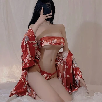 Seksi Kimono İç Çamaşırı Erotik Derin V Günaha Takım Elbise Japon Tarzı Geleneksel Baskılı İnce Üniforma Yatak Tutku Takım Elbise