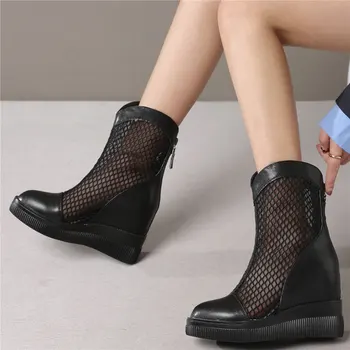 Içi boş Platform Ayakkabı Pompaları Kadın Hakiki Deri Yüksek Topuk yarım çizmeler Kadın Yüksekliği Artan Moda Ayakkabı rahat ayakkabılar