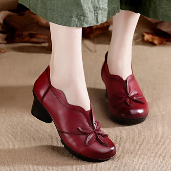 2022 Klasik Pompalar Kırmızı Vintage Düşük Topuklu kadın El Yapımı Hakiki deri ayakkabı Kadın Pompaları bağcıksız ayakkabı Kadınlar İçin Siyah Topuklu