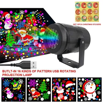Noel led projektör Lambası Noel Sticker 16 Resimleri Desen Kar Tanesi Renkli Dönen projeksiyon ışığı Parti Ev Dekorasyonu
