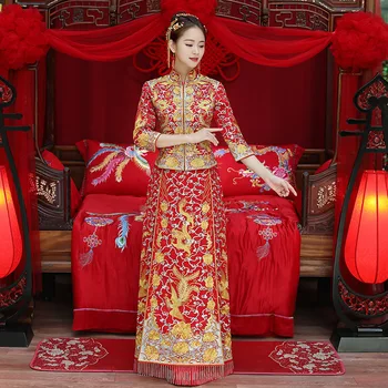 Kırmızı Nakış Oryantal Ejderha Phoenix Qipao Kadın Saten Cheongsam Antik Geleneksel Çin Gelin düğün elbisesi Uzun Vestidos