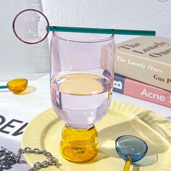 Cam kaşıklı fincan El Yapımı Su Süt Kahve Kupa Isıya Dayanıklı Drinkware Yaratıcı Kontrast Renk şarap bardağı Parti için