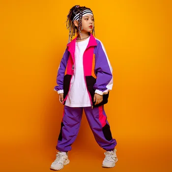 Çocuk Hip Hop Giyim Koşu Renk Blok Ceket Zip Up pardösü Gevşek Streetwear Pantolon Kız Erkek Caz dans kostümü Elbise