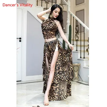 Oryantal Dans Elbise Örgü Leopar Baskı Üst Bölünmüş Uzun Pantolon Uygulama Giysi Set Kadın Yetişkin Zarif Performans Giyim