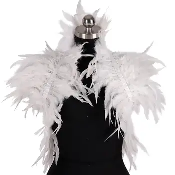 Beyaz Doğal Tüy Omuz Silkme Şal Omuz Pelerin Gotik Yaka Artı Boyutu Bağları Cosplay Kostüm Partisi Vücut Kafes Demeti Sütyen Kemer
