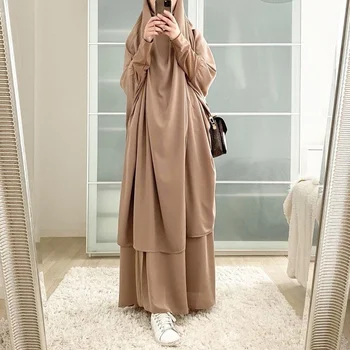 Giyim Namaz Konfeksiyon Kadın Müslüman Düz Jilbab Seti 2 Parça Kıyafet Kapşonlu Abaya Elbise Khimar Uzun Etek Dubai Suudi