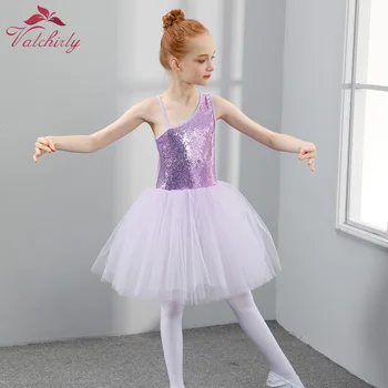 Yeni Çocuk Kız Bale Tutu Balerin Dans Kostümleri Mor Sequins Bale Leotard Giyim Uzun Tül