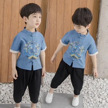 Bebek Erkek Çince Geleneksel Giysiler Yaz Yeni Baskı Tang Takım Elbise Pamuk Ceket Kısa Kollu Gömlek Gevşek Hanfu Üstleri Pantolon 3 Renkler