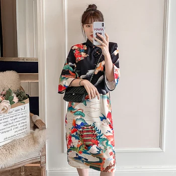 Çin Hanfu Kadınlar Retro Elbise Cheongsam Kız Japon Harajuku Tarzı Vintage Sazan Vinç Baskılı Parti Qipao Elbise