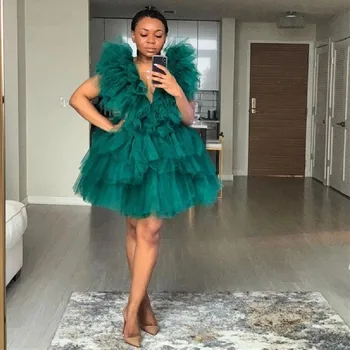 Seksi Yeşil Fırfır Tül Kokteyl Elbiseleri Mini Uzunluk V Boyun Katmanlı Etek Kadın Akşam Gece Elbisesi Afrika Kısa Vestidos Artı