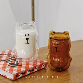Yaratıcı 300 ML Ayı Çift Fincan Kişilik Kahve kapaklı bardak Şeffaf cam kahve fincanı Sevimli Karikatür Amber Ayı Kupa