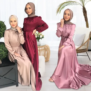 Çarşaf Müslüman Elbise Robe Femme Musulmane Saten Kemer Abayat Kaftan Abayas Kadınlar için Musulmanes Dubai 2022 Kaftan Marocain Elbiseler