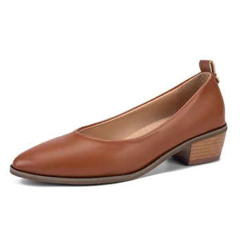 Yeni Stil Kadın Pompaları Sivri Burun Tekne Ayakkabı Muhtasar Elbise Ayakkabı Tahıl Orta Topuklu Bayan Ayakkabıları Kahverengi Vintage tasarım ayakkabı