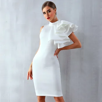 Kadın bandaj elbise beyaz ünlü parti elbise zarif lüks vestidos bayanlar kolsuz casual ruffles omuz elbiseler