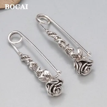 BOCAI Yeni Gerçek S925 Gümüş Orijinal Gül Pin Vintage Chic Moda Basit kadın Broş Aksesuarları noel hediyesi