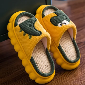 Sevimli Dinozor Ev Terlik Kadınlar için Yumuşak Pamuk Keten Platformu Çocuk Terlik Erkek Kapalı Slaytlar Çocuk Kız ev ayakkabıları