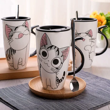 Sevimli Kedi Bardak Seramik Kupalar 600ml Kapaklı ve Kaşıklı Karikatür Bardak Yaratıcı Sabah Kupa Benzersiz Porselen Süt Kahve çay bardağı
