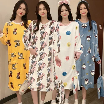 2022 Kış Uzun Kollu Kalın Sıcak Pazen Gecelikler Kadınlar İçin Kore Sevimli Mercan Kadife Pijama gece elbisesi Gecelik Nighty
