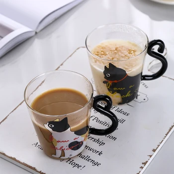 Yaratıcı Cam Su kulplu fincan Sevimli Kedi Tasarım Karikatür İki Stilleri Tekrarlanan Baskı Kahve Ve Sütlü içecekler