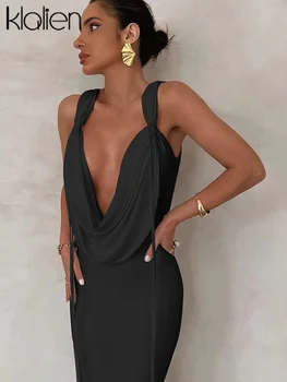 KLALIEN Moda Seksi Düşük Göğüs V Boyun Katı İnce Streetwear Ofis Bayan Maxi Elbise Kadın Streetwear Plaj Tatil Clubwear 2023