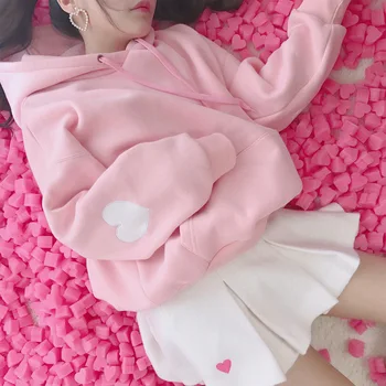 Sevimli Pembe kadın pamuk kapüşonlu Aşk Kalp Nakış Tasarım Lolita Moda Tatlı Üstleri Kawaii Polar Ceket Dış Giyim