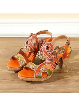 Yaz Kadın Sandalet retro Hakiki Deri Geri Kayış 6.5 CM Kare topuk Peep Toe Karışık Renkler Rahat Ofis Kariyer kadın Ayakkabı