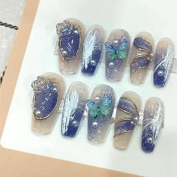 El yapımı Çiçek Kelebek Tırnaklar Üzerinde Basın Y2K Kısa Sahte Tırnak Tutkal İle Yeniden Kullanılabilir Bale Uzun Tabut Yanlış Nails İpuçları Sanat Hediye