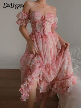 Darlingaga Vintage Moda Fransız Çiçek Baskı Maxi Elbise kadınlar için açık omuzlu Plaj Tatil yaz elbisesi Lace Up Ruffles Pileli