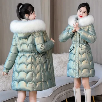 2022 Yeni Kış Ceket Uzun Palto Kadın Parkas Kürk Yaka Kapşonlu Parlak Aşağı pamuklu ceket Sıcak Rahat Pamuk Yastıklı Parka Ceket