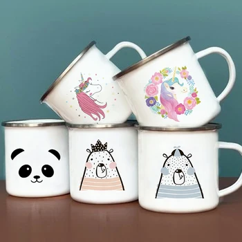 Unicorn Hayvanlar Baskı Yaratıcı Emaye Kupa Kahve Çay İçecekler Tatlı Süt Kupası Kawaii Kupalar Drinkware Çocuklar Ele Panda Ayı Hediyeler
