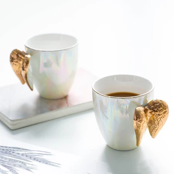 Sevimli İnci Beyaz Seramik Kupa Altın Melek Kanadı Kahve Kupa Kişiselleştirilmiş Süt çay bardağı Ofis Drinkware Hediye Onun İçin Kız Anne
