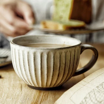 Retro Kaba Çömlek Seramik Drinkware Su çay bardağı Çekme Çiçek Latte Büyük Ağız Kahvaltı Tatlı Ev Dekor Kahve Kupa Seti